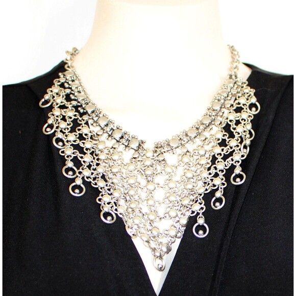 Chico's Silver Tone Dramatic Triangular Dangling Bib Boho Chic 19.5" Necklace - Picture 1 of 5